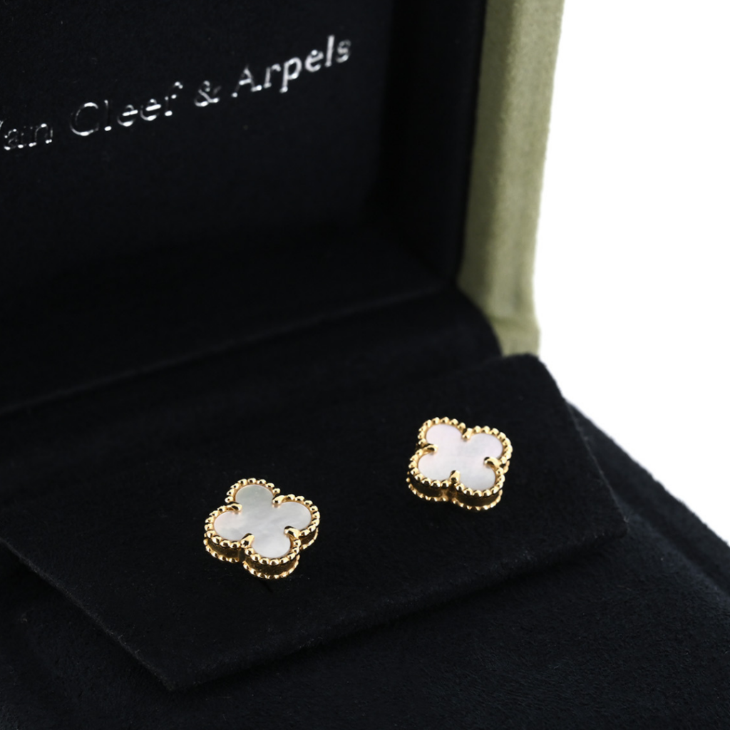 Pre-Owned Van Cleef & Arpels Vintage Alhambra Stud Earrings Mother of Pearl in box sold to Diamond Banc from a client.